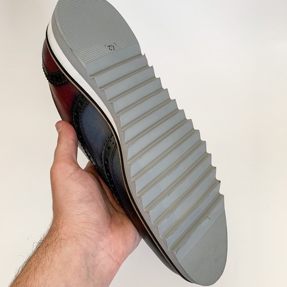 Burgundy-Navy Blue Wingtip Oxford Leather Dress Shoes - Picture 2 of 7